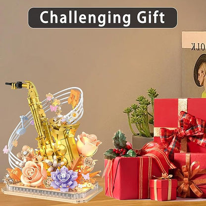 Mini Building Blocks Sets Flower Saxophone - 1000+PCS Musical Instrument Micro Building Bricks Kit Toy - Creative Ideals, Collectible Architecture Decoration, Gift for Adults(Saxophone Flower)