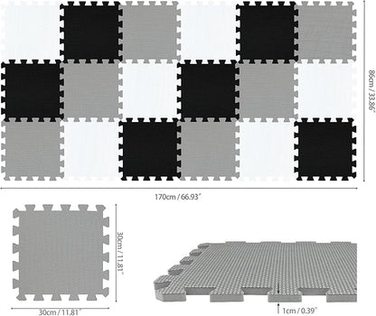 qqpp EVA Rubber 18 Tiles Interlocking Puzzle Foam Floor Mats - Baby Play Mat for Playing | Exercise Mat for Home Workout. White, Black, Gray. QC-ADLb18N