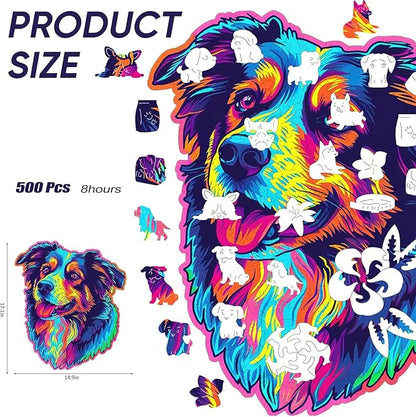 Australian Shepherd Dogs Wooden Puzzle 500 Pieces Stained Colorful Art Painting Jigsaw Puzzle for Adults, Birthday Mother's Father's Day Christmas for Family Game (14.9 * 17.1 in)