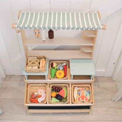 Tender Leaf Toys - Charcuterie Basket - 11 Pcs Solid Wood Cured Meats with Hand-Crafted Wicker Basket, Pretend Food Playset Supermarket Shopping Game Play Kitchen Farmer's Market Accessories - Age 3+