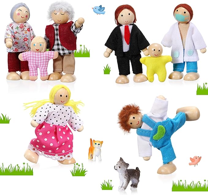 Skylety 10 Pcs Wooden Dollhouse Set of Mini People Figures Dollhouse Dolls Wooden Doll Play Figures Accessories(Rustic Style)