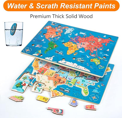 2 Pack Puzzles for Kids Ages 4-6, Wooden Puzzles for Toddlers, Busy Board, Map Jigsaw Puzzle Educational Wood Floor Puzzle, World USA Maps Puzzles Toy Gift for Boys and Girls (US & World Map)