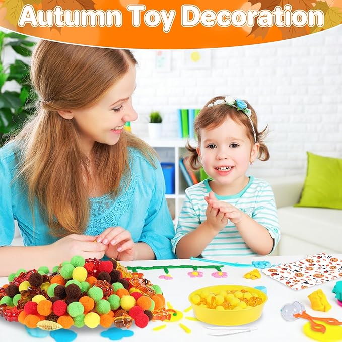 344 Pcs Fall Sensory Bin Filler Fine Motor Toys Counting Sorting Sensory Bins Pom Poms Pumpkins Acorns Maple Leaves Corn Sorting Cups Tweezers Clips Storage Bags for Fall Festival Games