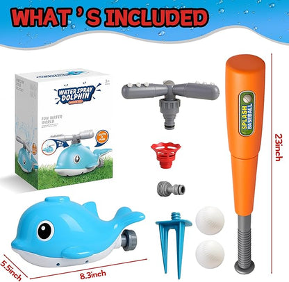 2 in 1 Water Sprinkler Baseball Toy Set for Kids – Whale Shaped Outdoor T-Ball Game & Spinning Splash Toy, Summer Backyard Water Play for Toddlers and Children Ages 3+
