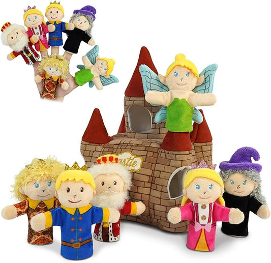 7 Pcs Fairy Tale Finger Puppets Set,4 inch Fairy Tale Member Soft Plush Hand Puppets for Kids with Castle,Finger Puppets for Toddlers Princess Puppet Mini Toy Storytelling Role-Playing