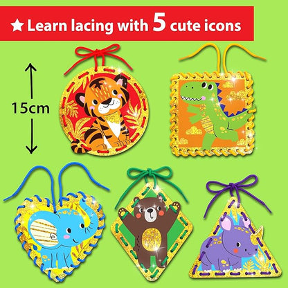 EZCRA Premium Foil Edge Lacing Cards for Kids Ages 3-6 | 10 Double-Sided Animal and Space Sewing Cards with Multilingual Learning | Durable Cardboard Fine Motor Skills Activity Kit