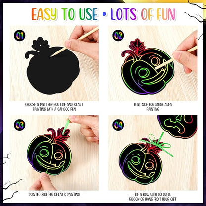Qilery 120 Pcs Fall Halloween Scratch Paper Off Cards Magic Pumpkins Scratch Off Paper Craft Art Activities Rainbow Black Fun for Thanksgiving Party Ornaments DIY Education Game(Pumpkins)