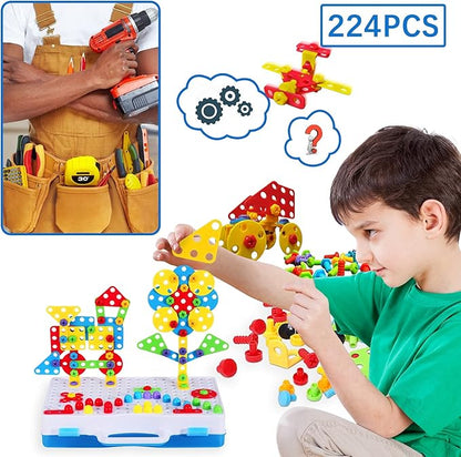 STEM Building Toys for Kids Ages 4-8 | 224-Piece STEM Drill & Build Kit with Screwdriver, Pegboard | Educational Toys for 5+ Year Old Boys Girls | Gift for Birthdays