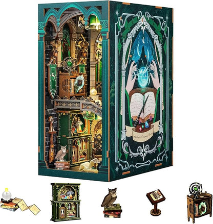 Fsolis Book Nook Kits for Adults, DIY Miniature House Kit 3D Wooden Puzzle Booknook Magic Halloween Bookshelf Nook Decorative Bookends for Women Teenagers and Book Lovers(Darkness Common Room)