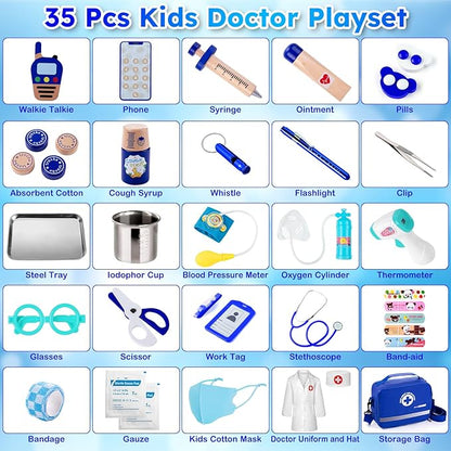 Doctor Kit for Kids, 35 Pcs Kids Doctor Kit for Toddlers 3-5 with Medical Storage Bag & Real Stethoscope, Pretend Play Doctor Set for Fun Role Playing Game (888)