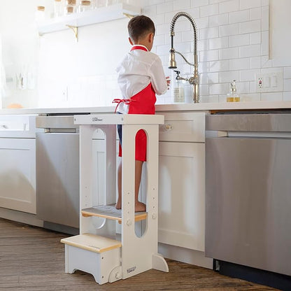 Little Partners Foldable Toddler Tower, Learning Tower Explore 'N Store Montessori Standing Kitchen Tower with Folding Step Stool Platform for Cooking and Learning, Ages 2+ (White w/Natural)