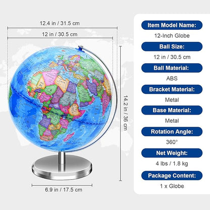 World Globe for Children and Adults, 12 inch Educational Spinning Earth Map with Stand, Self-Assembled Interactive World Globes for Kids Learning, Classroom, Students Desk, Room and Office Decor