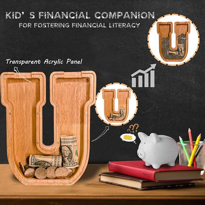 Wooden Letter Piggy Bank for Kids Larger Letter Piggy Bank for Boys and Girls Personalized Piggy Bank Initial Coin Bank Wood Kids Money Bank for Birthday and Festival