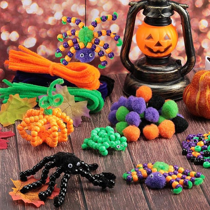 WILLBOND Halloween Pony Beads Plastic Beads Pipe Cleaners for Crafts Pompoms Chenille Stems and Wiggle Eyes for Halloween Party DIY Crafts Decorations Supplies Jewelry Making