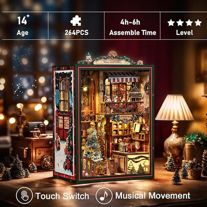 Book Nook Kit - DIY Miniature Dolls House Kit with Furniture and LED Light, 3D Puzzle Wooden Art Bookends, Model Kits for for Adults and Teens (Christmas Shop)