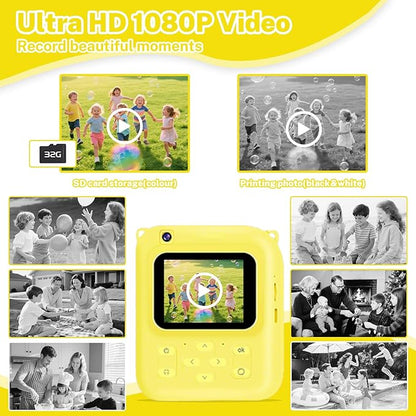 Instant Print Camera for Kids, 1080P Video Camera with 3 Print Rolls, 32GB Card & Cute Cover, Gift for Girls Boys Age 3-12, Toddler Digital Camera with Games, Filters, Music – Yellow