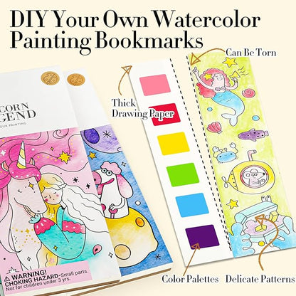 Watercolor Painting Coloring Books Arts & Crafts Kit, Pocket Watercolor Paint Bookmarks, Mess Free Paint with Water Set, Travel Activities Art Supplies Party Favors Exchange Birthday Gifts for Kids