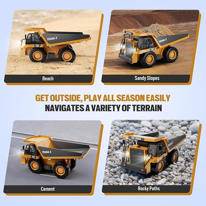 RC Dump Truck Toy, 9-Channel Remote Control Toy with Metal Bed & Light, Rechargeable Battery, Kids Construction Vehicle Truck Toys for 3+ Boys, Perfect 2024 Kid Birthday Gift for Ages 3-12+