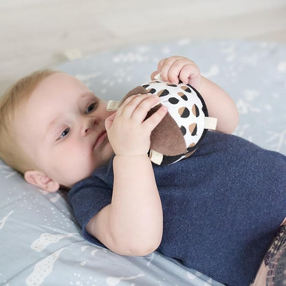 Wee Gallery Taggy Ball with Rattle, Soft Sensory Baby Toy, Sensory Ball with Organic Cotton Fabric, Little Tags & Gentle Rattle for Tummy Time, Grasping & Developmental Play, Acorns