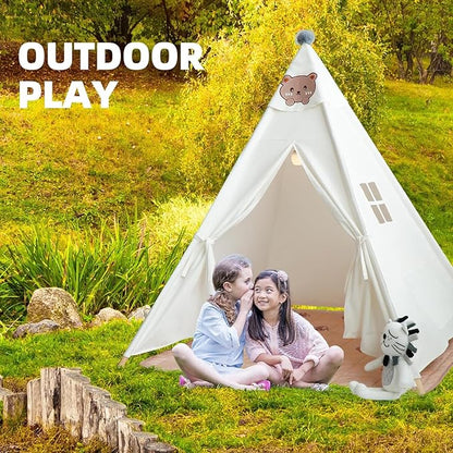 Teepee Tent for Kids-Portable Children Play Tent Indoor Outdoor (White with Mat)