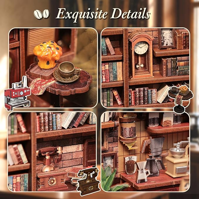CUTEBEE Book Nook Kit, DIY Miniature House Kits for Adult and Teens, Dollhouse Booknook Tiny House, Bookshelf 3D Wooden Puzzle, DIY Craft Gifts for Family and Friends (Corner Coffee Shop)