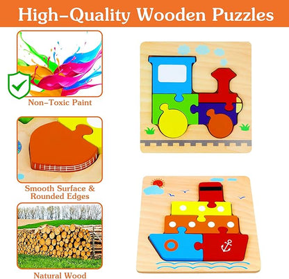 Wooden Puzzles Toys for Ages 2-4, Toddler Puzzles Toys Gifts for 1 2 3 Years Old Boys Girls, 6 Pack Vehicle Shape Montessori Learning Toy for Kids Babies Toddlers 1-3 2-3 12 18 Months