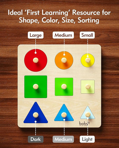 Montessori Puzzles for Babies 12-18-24 Months, Wooden Jumbo Knob Peg Puzzle Shape sorter for Toddlers 1-3 Year Old, Early Learning Sensorial Toys (Shapes & Size Sorting Puzzle)