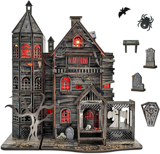 3D Wooden Puzzle Haunted House Model Set - Miniature Haunted House Kits with Led Accessories Furniture, Suitable for Adults and Teenagers to DIY Halloween Horror Doll House Craft Gifts.