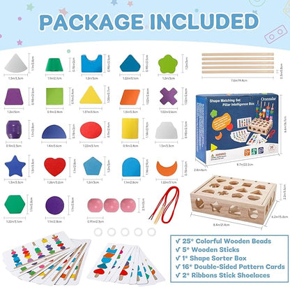 3 in 1 Montessori Wooden Beads Sequencing Toy Set - Color Sorting Stacking Geometric Shape Matching Game Beads Sequencing Toy Lacing Beads Stem Fine Motor Skills for Toddlers