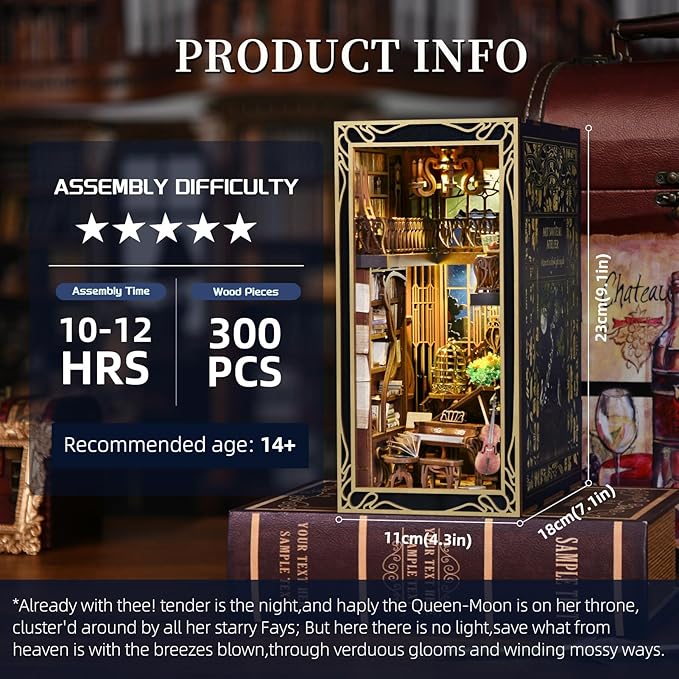 Book Nook Kit, DIY Miniature Dollhouse Booknook Kit, 3D Wooden Puzzle Bookend Bookshelf Insert Decor with LED Light for Teens and Adults (Pianist with Nightingale)
