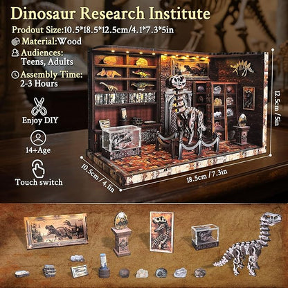 Book Nook Kit, DIY Miniature Dollhouse Booknook Kit for Adults and Teens, 3D Wooden Puzzle Bookshelf Crafts Kits with LED Light for Family and Friends (Dinosaur Research Institute)
