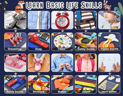 16 Pages Busy Board for Toddlers 1-3,Montessori Travel Toy for Plane/Car,Educational Sensory Toy for Toddlers 2-4,Preschool Activities Board for Developing Fine Motor Skills,Gift for Boys/Girls