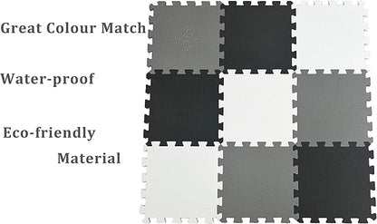 16 Pieces Foam Play Mat with Border, Interlocking Playmat Tiles, Foam Floor Mat Tiles for Kids, Puzzle Play Mats, Exercise Gym Mats – Color of Black & Grey & White
