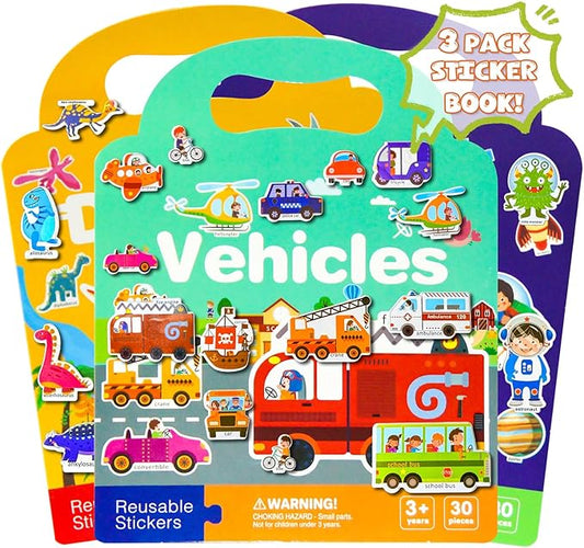 3 Pack Reusable Sticker Books for Kids, Waterproof Puffy Stickers - Match the Shape and DIY Scene, Toddler Travel Essential Quiet Time Activities Toys - Vehicle, Space and Dinosaur (2-6 Age)