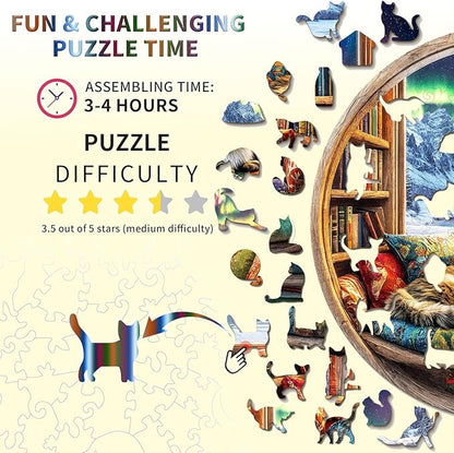 Wooden Puzzles for Adults, Warm Cats and Books Jigsaw Puzzles, Unique Shaped Wooden Puzzle for Adults and Kids, Birthday Gift Family Game.(11.4X 11.4 in 200pcs)