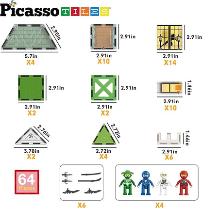 PicassoTiles Magnet Tile Building Blocks Ninja Dojo House Theme STEM Playset with 4 Character Action Figure Ninjas Weapon Accessories Magnetic Tiles Educational Toy Pretend Play Toddlers Ages 3+ PTQ07