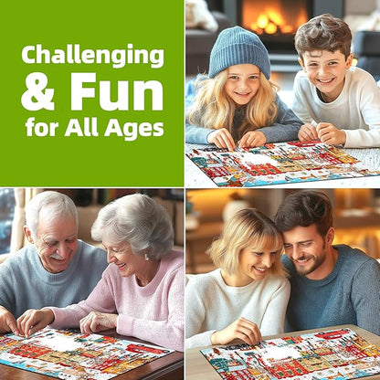 Vintage Christmas Town Jigsaw Puzzles for Adults 500 Pieces Winter Holiday Scene with Classic Cars, Festive Shoppers, Decorated Tree & Snowy Streets - Family Challenge Puzzle （23"x15"