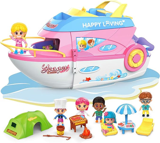 iPlay, iLearn Boat Dollhouse Playset for Girls 3-5, Kids Pretend Play Doll House Set W/ Cruise Ship, Dolls, Camping Accessories, Birthday Gifts for 4 5 6 Year Olds Children Toddlers