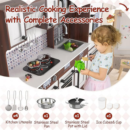 2-Piece Kids Kitchen Playset, Wooden Play Kitchen Set for Toddlers, Modular Pretend Play Kitchen w/Light&Sound Stove Oven, Large Kitchen Cooking Toy w/Refrigerator, Gift for Girls Boys