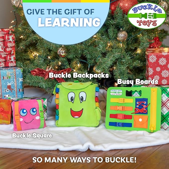 Buckle Toys Green Busy Board for 1 Year Old Toddlers Travel Essentials for Kids, Montessori Toys for 1 Year Old Baby to Develop Fine Motor Skills, Great for Road Trip Activities for Kids Sensory Toy