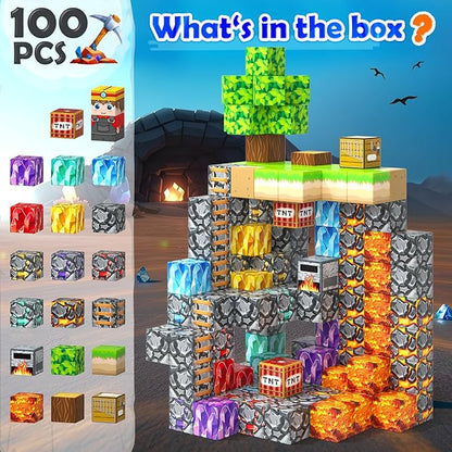 Magnetic Blocks 100PCS 1 inch Magnetic Building Cubes Kids Magnet Toys Crystal Mine Cave Inspired Playset Magworld Add-on Building Craft Sensory Toys Game Gifts for Ages 3-5 4-6 5-7 8-12