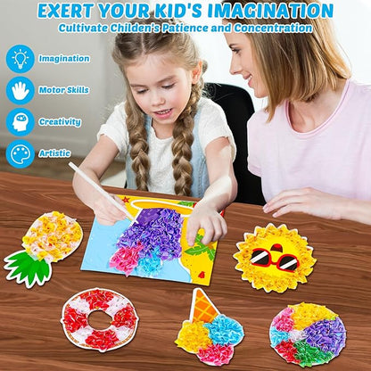 8PCS Poke-in Craft and Art Kit for Kids Summer Theme No-Mess Fabric Sewing Art Girls Boys 4-12 Puzzle Puncture Painting DIY Beach Hawaiian Toy Gift for Creative Activity Game Birthday Party