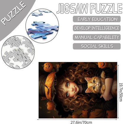 Halloween Pumpkin Girl Jigsaw Puzzle Curly Brown Hair Doll Holding Cat 1000 Piece Jigsaw Puzzles for Adults Home Decor Family Puzzle Perfect for Game Nights Ideal Gift 20 x 27 Inch