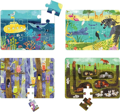 4 Pack Puzzles for Kids Ages 3-5, 4-Difficulty-Level Puzzle with 12 16 24 32 PCS, Color-Zones on Back, 4-in-1 Progressive Animals World Jigsaw Toy Gift for Age 3 4 5 6 Year Old Boys Girls