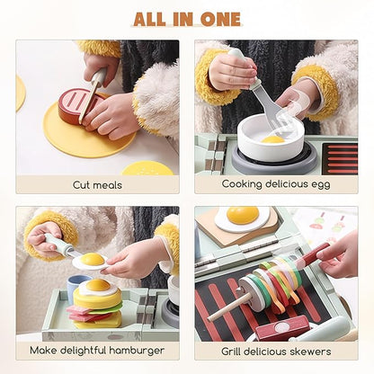 Wooden Kids Grill Playset with Play Kitchen Accessories| Pretend Play Toys for Toddlers 3-5, Cooking BBQ Play Food Toy for 3+ Year Old Boys & Girls, Birthday Gifts for Kids