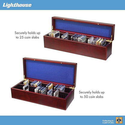 Lighthouse - Coin Box for 50 Slabs - Perfect For Slabs from PCGS, NGC, ANACS, ICG and more - Mahogany Wood Grain Finish