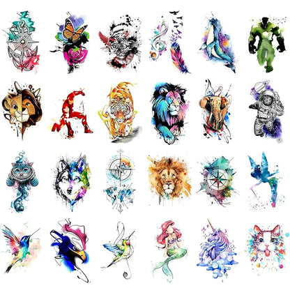 48 Watercolor temporary tattoos for adult and kids,Arm tattoo, body tattoo, watercolor lion wolf mermaid cat tiger,waterproof temporary tattoos realistic for women girls and kids, colourful