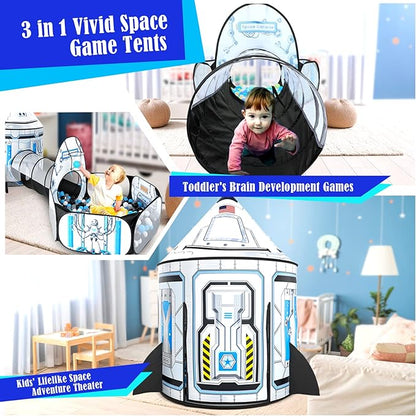 Kids Ball Pit for Play Tent: 3PC Rocket Ship Baby Gifts with Projection Flashlight, Spaceship Tents and Crawl Tunnel for Toddlers, Astronaut Pop Up Playhouse Toys for Indoor Outdoor Games (White)