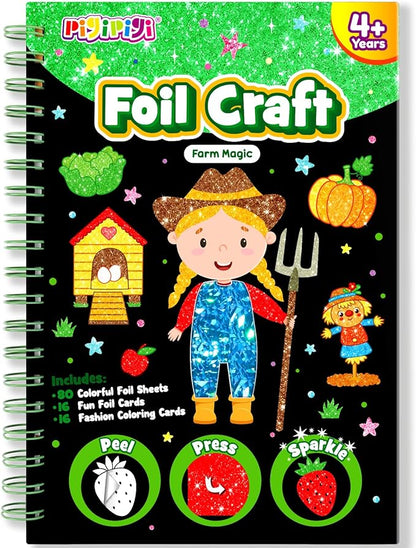 pigipigi Art Craft Activity for Kids: Foil Art Farm DIY Toy Kit, No Mess Creative Travel Supply Set, Idea Birthday Christmas Valentine Gift for Girl Boy Children 3 4 5 6 7 8 9 Year Old