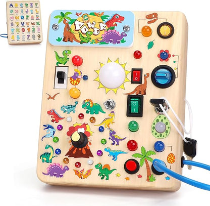 Toddler Busy Board,Montessori Toys for 1-3 Years Old,Baby Sensory Board,Wooden Learning Toys,Christmas & Birthday Gift for Boys & Girls (Dinosaur Busy Board v2)